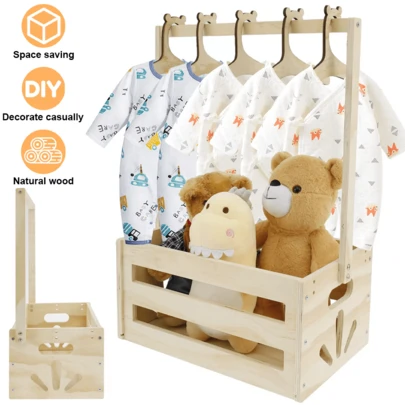 Lislark Baby Shower Crate Closet, Wooden Baby Shower Basket With 5 Hangers, Baby Storage Crate Hamper With Handle, Decorative Wood Baby Clothes Rack For Baby Showers Pregnancy New Parent Gifts