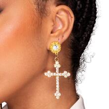 1 Pair Of Large Cross Studded Earrings With Rhinestones Elegant Extravagant Women's Fashion - 金色 - 查看 8