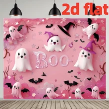 1 pièce Toile de fond de fête thème Halloween en rose "Boo", fantômes blancs mignons, chapeaux magiques roses, motifs de chauves-souris et d'étoiles. Cette toile de fond de fête convient pour la décoration murale intérieure et extérieure, les accessoires de studio photo, 210 x 150 cm