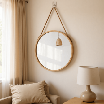 1个木纹无框壁挂式梳妆镜，圆形化妆镜，适用于卧室、浴室、宿舍，圣诞礼物，墙面装饰