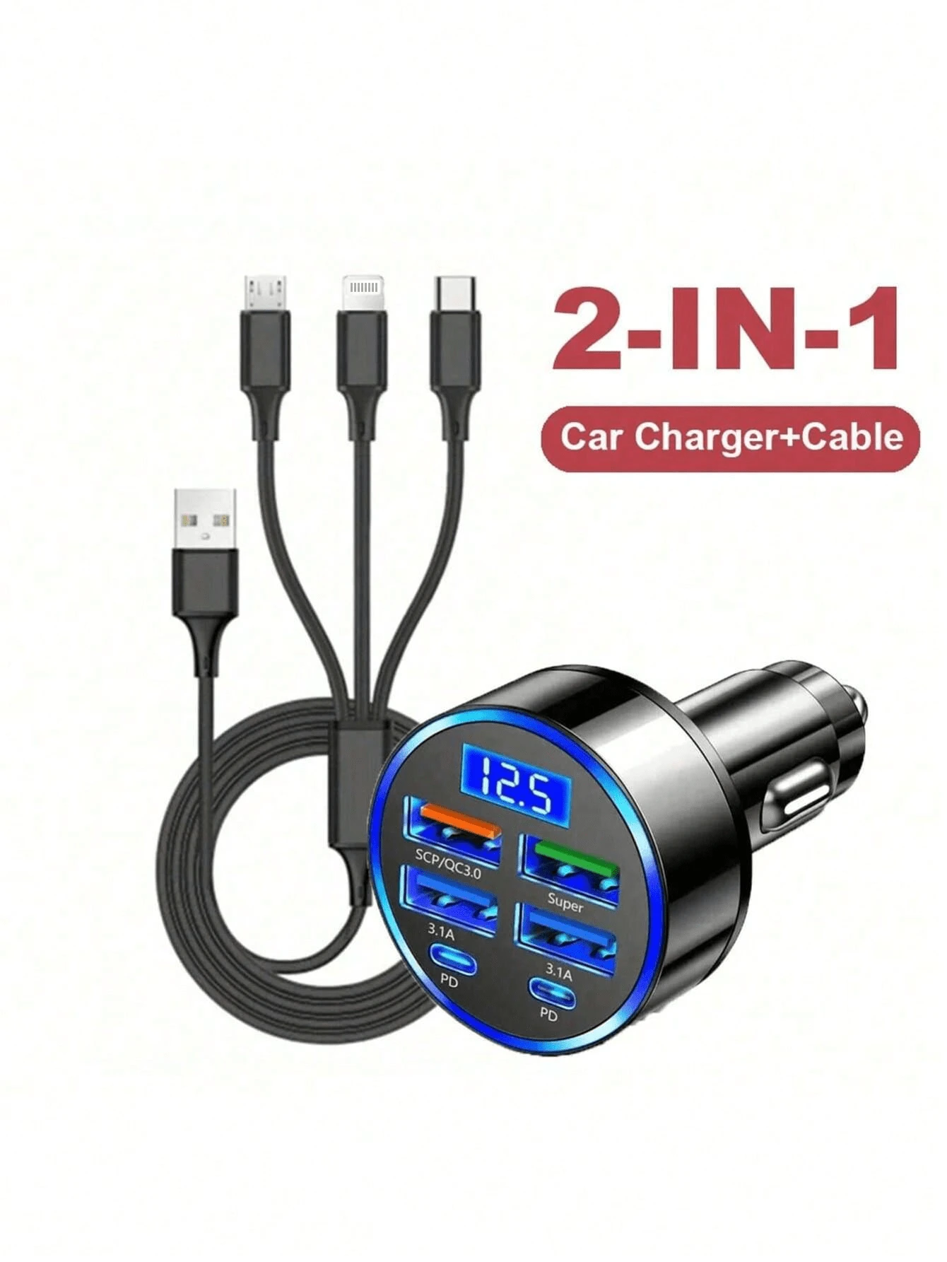 Adaptador cargador de coche de 6 puertos + Cable de carga trenzado 3 en 1 compatible con iPhone, compatible con Samsung, set de accesorios de carga adecuado para el viaje diario, viaje largo, carga mientras conduce accesorios para automóvil - Negro - Ver 1