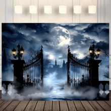 1pcHalloween Background Gothic Castle Full Moon Night Party Photography Background Is Suitable For Halloween Foggy Cemetery Gate Theme Photo Background Wall Decoration, No Electricity.
