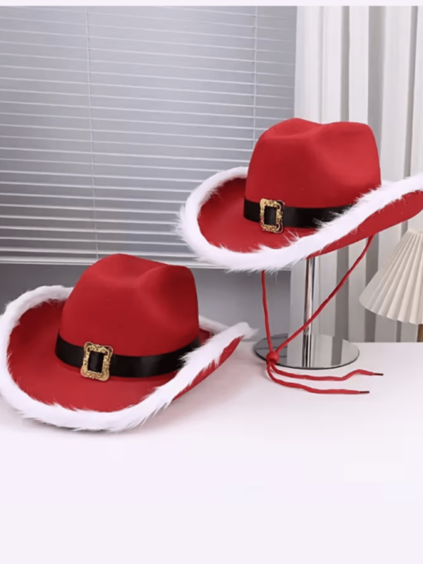 1pc Western Cowboy Hat With White Trim And Black Buckle - Lightweight Red Santa Claus Hat Suitable For Christmas, Western Themed Parties, Christmas Decorations, Christmas Costumes