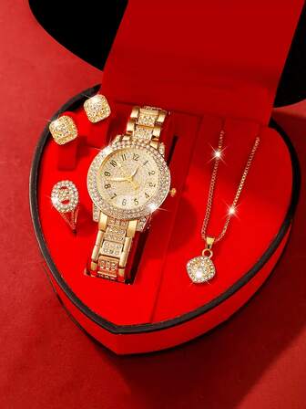 5 件女士手表礼盒套装，金色数字钢手链手表 + 方形戒指套装，日常休闲百搭，适合作为女性节日礼物