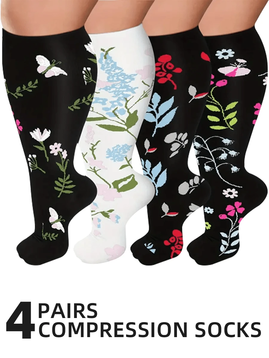 4 Pairs Of Plus Size Compression Socks, Extra Wide Calf 20-30 MmHg Knee-High Compression Socks For Men And Women Dancing, Cycling, Running, Climbing Sports Leggings - 彩色 - 查看 1