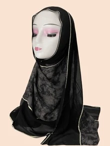 1pc Women's Fashion Ink Print Chiffon Scarf, With Middle Eastern Crystal Decor, Elegant Accessory For Daily Wear