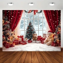 The 1pc Christmas Background Banner, With The Christmas Wonderland Snowman Background Paired With Red Curtains, Is The Perfect Indoor Celebration. It Is Suitable For Home Wall Decoration, Studio Photography, Holiday Gatherings, And Party Theme Decoration. - Multicolor - View 4