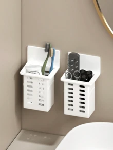 1/2 piezas Soporte de pared blanco montado para cepillo de dientes y pasta de dientes para baño, pasta de dientes, peines, afeitadoras, sin necesidad de perforación, almacenamiento, decoración del hogar, decoración del baño, decoración de otoño, temporada de vuelta a la escuela, accesorios de baño y utensilios de cocina - Negro - Ver 3