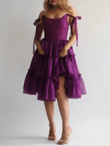 Women's Sleeveless Prom Dresses Short Homecoming Dress For Teens Lace Dresses Off Shoulder Beaded Ball Tulle Formal Evening Party Gowns - 紫羅蘭色 - 查看 1