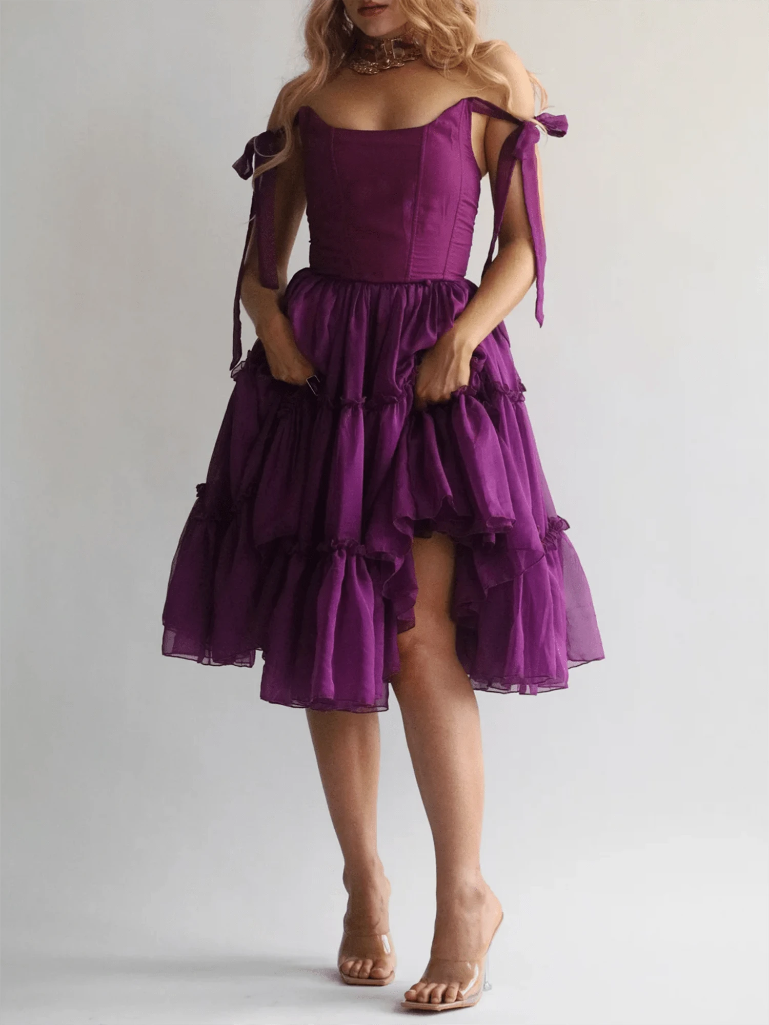 Women's Sleeveless Prom Dresses Short Homecoming Dress For Teens Lace Dresses Off Shoulder Beaded Ball Tulle Formal Evening Party Gowns - 紫羅蘭色 - 查看 1