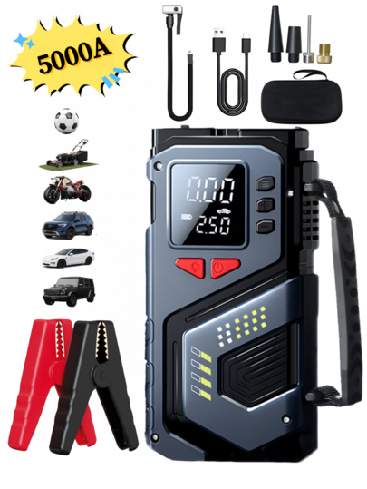 Arrancador portátil de coche con compresor de aire, batería de arranque, 5000A pico (2,11 galones de gasolina, 1,72 galones) con inflador de neumáticos de 150 PSI, batería de 12V para arrancar coches, arrancador de batería portátil, función de 5 en 1 de arranque, cargador de batería