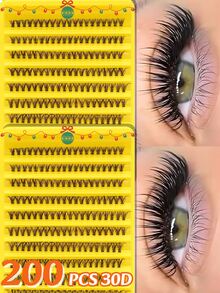 200 racimos de pestañas postizas 30D - Grosor de 0,07 mm, longitudes mixtas de 10-16 mm, pestañas individuales naturalmente esponjosas, súper densas y alargadas, pestañas de marta sintética rizada, extensiones de pestañas suaves y ligeras, adecuadas para principiantes, DIY en casa, maquillaje de ojos, racimos de pestañas, esenciales para Halloween y Navidad.