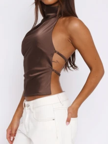 Women's Halter Neck Satin Tops Sleeveless Backless Solid Color Slim Fit Tops Summer Shirts - 咖啡棕 - 查看 4