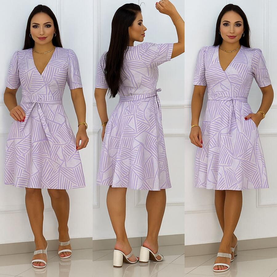 Women's Casual Elegant Printed Dress In Romantic Fabric - Lilac - View 1