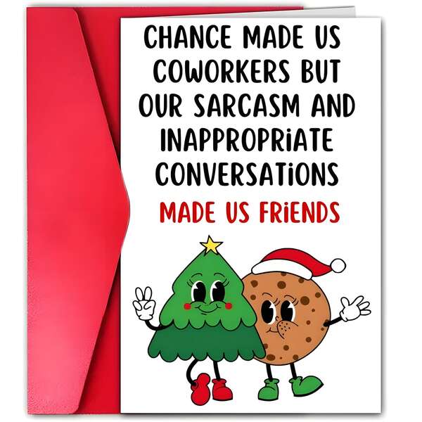 1 Pc Christmas Greeting Card For Colleagues And Friends - Anime Themed Paper Card With Cartoon Christmas Tree And Cookies, Humorous Sarcasm And Inappropriate Dialogue Design For Christmas