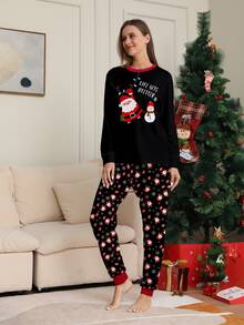 圣诞老人和雪人字母印花新款女士圣诞睡衣套装，秋冬服装 - 黑與白 - 查看 5