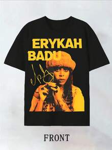 For Erykah Badu Portrait Graphic Plus Size TShirt 220g Featuring A Vibrant Yellow And Black Image With Her Signature A Must Have Fans Of Soul Music - 黑色 - 查看 1