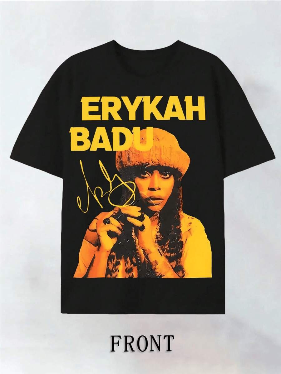 For Erykah Badu Portrait Graphic Plus Size TShirt 220g Featuring A Vibrant Yellow And Black Image With Her Signature A Must Have Fans Of Soul Music - 黑色 - 查看 1