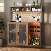 Industrial Rustic Coffee & Wine Bar Cabinet, Kitchen Buffet Sideboard With Liquor Storage, Brown Wooden Bar Organizer