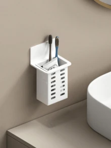 1/2 piezas Soporte de pared blanco montado para cepillo de dientes y pasta de dientes para baño, pasta de dientes, peines, afeitadoras, sin necesidad de perforación, almacenamiento, decoración del hogar, decoración del baño, decoración de otoño, temporada de vuelta a la escuela, accesorios de baño y utensilios de cocina - Negro - Ver 4