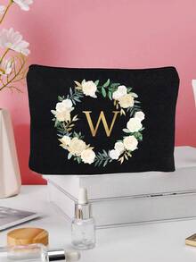 1个花卉字母A-Z印花化妆包，女士化妆包钱包，首字母缩写图案洗漱包，婚礼派对洗漱包，拉链手机钱包，铅笔盒，化妆包，手拿包，伴娘化妆包，洗漱用品收纳包，化妆包，旅行必备 - 彩色 - 查看 11