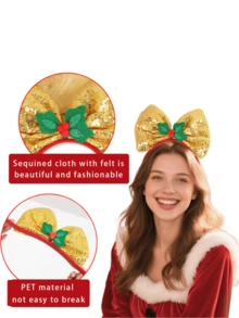 1PC Christmas Bow Headbands, Sequin Xmas Hair Hoops With Santa Holly Gift Decor, Cute Festive Hair Accessories For Women Girls, Christmas Party Cosplay Headwear, Party, Hair Band ,Hairband For Women