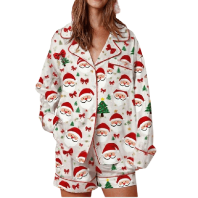 Women 2 Piece Christmas Matching Lounge Set Christmas Tree Santa Print Button Down Long Sleeve Tops And Shorts Set Sleepwear Loungewear