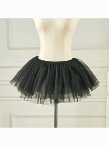 Lolita超短不对称衬裙，6层柔软薄纱泡泡袖衬裙，超蓬松Lolita裙子 - 黑色 - 查看 6