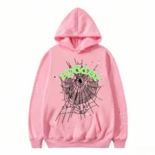Women's Pink Long Sleeve Hooded Casual Sweatshirt Spiderweb Graphic Top With Drawstring And Pocket Details - 淺粉紅色衛衣 - 查看 1