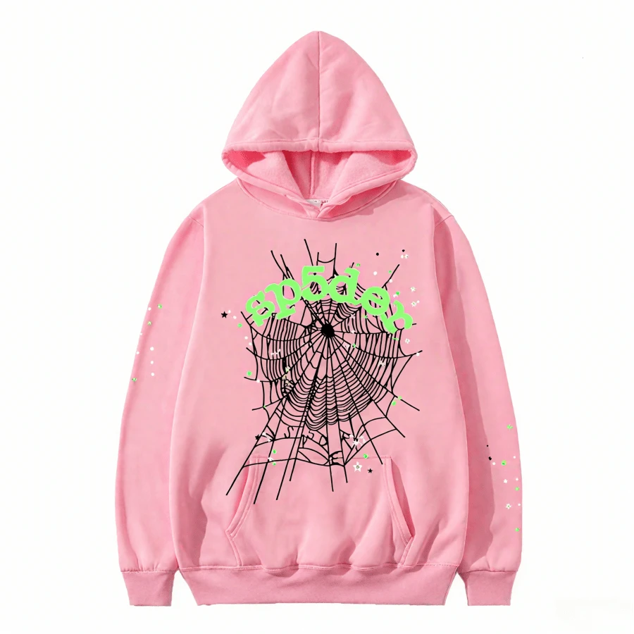 Women's Pink Long Sleeve Hooded Casual Sweatshirt Spiderweb Graphic Top With Drawstring And Pocket Details - 淺粉紅色衛衣 - 查看 1