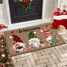 1 pezzo Zerbino di benvenuto di Babbo Natale - lavabile, decorato con tre nani e decorazioni natalizie, perfetto per la decorazione invernale della casa e come regalo di Natale. Decorazione natalizia | Decorazione a quadri, antiscivolo e assorbente, utilizzabile sia in interni che in esterni, ideale per bagno, cucina e decorazione in stile fattoria. Tappeto da cucina