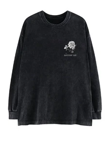Kaos Lengan Panjang Wanita Ukuran Besar Warna Hitam Vintage dengan Motif Mawar, Desain Longgar dan Menawan, Kasual Musim Semi - Hitam - View 4