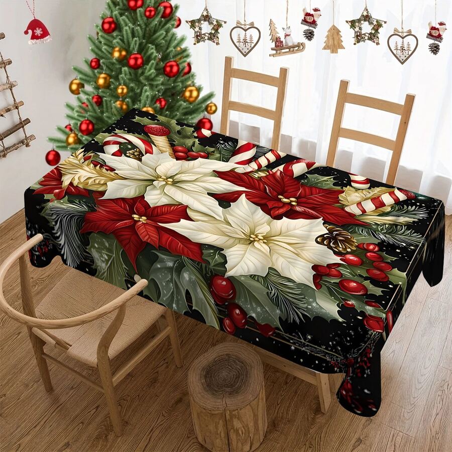 1/20pcs Christmas Tablecloth, Luxurious Red White Floral And Red Christmas Berries Patterned Tablecloth, Christmas Atmosphere Decoration, Vibrant Dining Table Arrangement For Kitchen, Dining Table, Festive Party, Outdoor Picnic - Multicolor - View 1