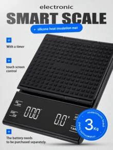 1 pieza Balanza electrónica de cocina digital de 3 kg/0.1 g - Balanza para café - Material ABS duradero - Con función de puesta a cero con un solo clic, temporizador - Múltiples unidades: g, oz, ml - Conversión con un solo clic - Botones táctiles - Pantalla LED de alta definición