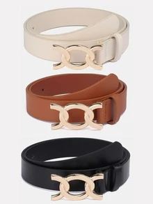 1pc Solid Color Casual PU (Polyurethane) Decorative Belt For Women, Geometric Pattern Buckle, Suitable For Daily Use