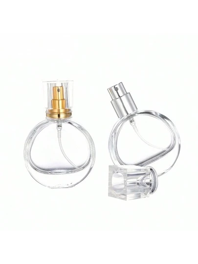 1 Chai nước hoa thủy tinh 25ml dạng tròn, phẳng, đóng gói phụ, chai rỗng đựng nước hoa, chai thủy tinh trang điểm, chai xịt cầm tay