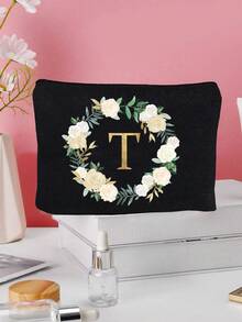 1个花卉字母A-Z印花化妆包，女士化妆包钱包，首字母缩写图案洗漱包，婚礼派对洗漱包，拉链手机钱包，铅笔盒，化妆包，手拿包，伴娘化妆包，洗漱用品收纳包，化妆包，旅行必备 - 彩色 - 查看 14