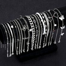 38pcs/19pcs/7pcs Set Women Elegant Vacation Style Hollow Butterfly & Heart Pendant Silver Color Anklet Jewelry Set, Fashionable Accessory For Girls Daily Vacation Beach Wear - Silver - View 6