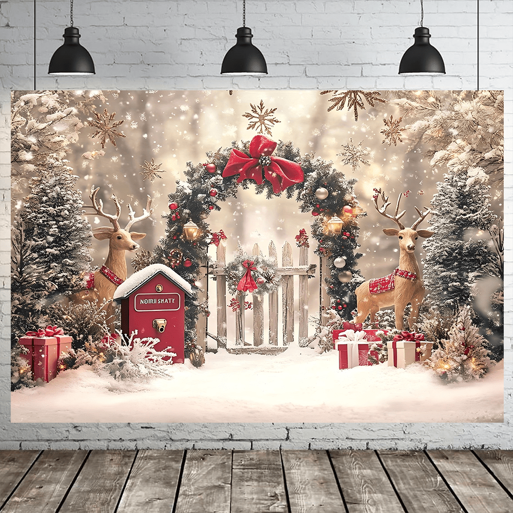 1 pièce Décor de fond d'écran plat 2D d'hiver, forêt enneigée avec renne, en tissu de polyester, décoration de fête de Noël 2026, décoration de jardin avec renne, accessoire de studio photo, anniversaire, décoration de jardin