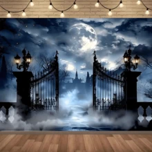 1pcHalloween Background Gothic Castle Full Moon Night Party Photography Background Is Suitable For Halloween Foggy Cemetery Gate Theme Photo Background Wall Decoration, No Electricity.
