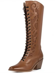Women's Furcross Block Chunky Heel Cowgirl Cowboy Boots Lace Up SquareToe Riding Boots Retro Style Sturdy Construction Fashion Western Knee High Boots - 棕色 - 查看 4