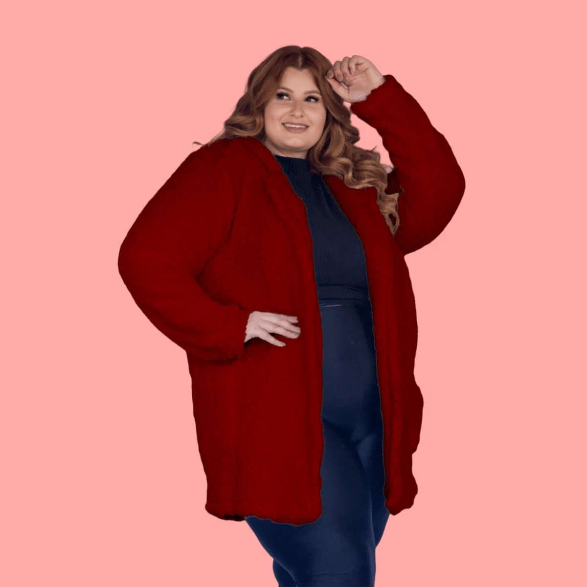 Women's Plus Size Teddy Coat With Hood And Pockets, Plush Inside And Out - 紅色 - 查看 1