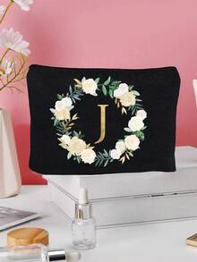 1个花卉字母A-Z印花化妆包，女士化妆包钱包，首字母缩写图案洗漱包，婚礼派对洗漱包，拉链手机钱包，铅笔盒，化妆包，手拿包，伴娘化妆包，洗漱用品收纳包，化妆包，旅行必备 - 彩色 - 查看 12