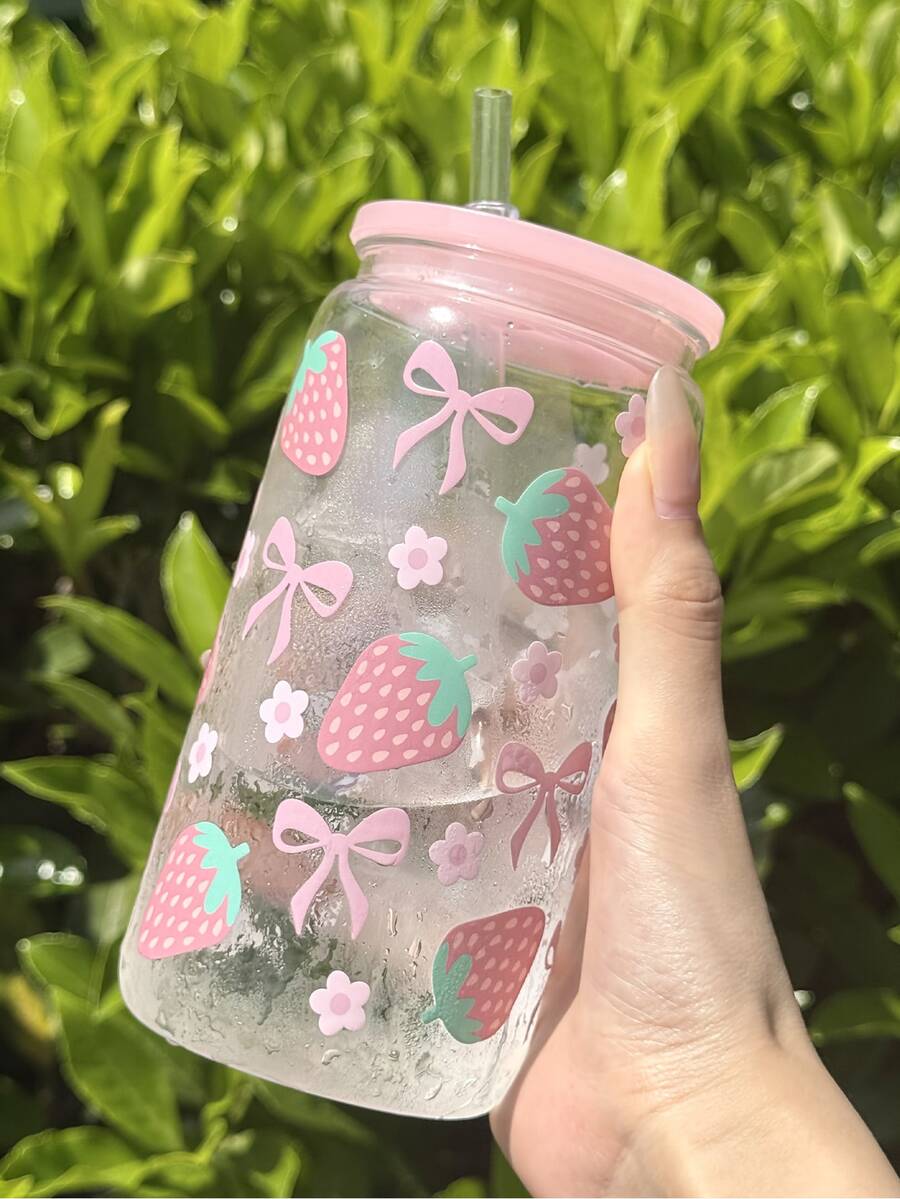 16 Oz Strawberry Floral Cup With Built-In Straw - Pastel Pink Leak-Proof Travel Water Bottle For Women, Gym, Camping, Birthday Parties - Cute Strawberry Bow Design, Valentine's Day, Mother's Day, Wedding Souvenir - Durable And Lightweight Plastic Drinkware, A Must-Have For Fitness Enthusiasts With Fun Aesthetics - 彩色 - 查看 1