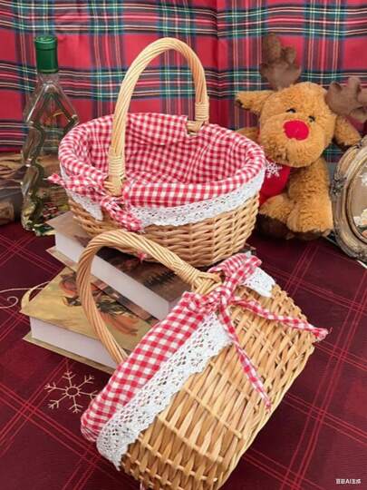 Pink Plaid Removable Lining Wicker Picnic Basket, Wedding Gift Wicker Basket, Bridesmaid Basket, With Removable Lining, Handwoven Basket, Suitable For Home Display And Storage, Party Display, Can Be Used To Store Fruits, Wine, Candies And Beverages, Suitable For Camping, Outdoor Activities, Halloween, Easter, Weddings, Birthdays, Garden And Patio Holiday Decorations, Christmas Decorations
