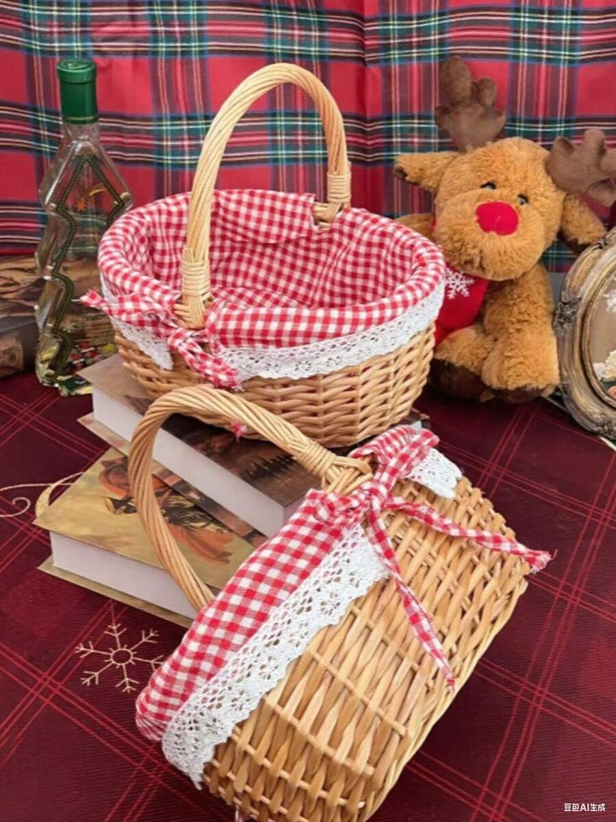 Pink Plaid Removable Lining Wicker Picnic Basket, Wedding Gift Wicker Basket, Bridesmaid Basket, With Removable Lining, Handwoven Basket, Suitable For Home Display And Storage, Party Display, Can Be Used To Store Fruits, Wine, Candies And Beverages, Suitable For Camping, Outdoor Activities, Halloween, Easter, Weddings, Birthdays, Garden And Patio Holiday Decorations, Christmas Decorations - Ginger - View 1