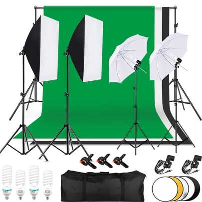 Kit de estudio: fondo de poliéster y algodón de 1,8 m x 2,8 m (tres paneles: negro, blanco y verde) + 3 pinzas cocodrilo + 1 reflector cinco en uno de 60 cm + 2 cajas de luz blancas de 33 pulgadas + 2 difusores de 50 cm 70 cm de un solo cabezal + 2 bombillas de 135 W + 2 bombillas de 45 W + 2 casquillos E27 de un solo cabezal + 1 soporte de fondo estándar de 2 * 3 m + 4 soportes de luz de 2 m + 1 funda de transporte