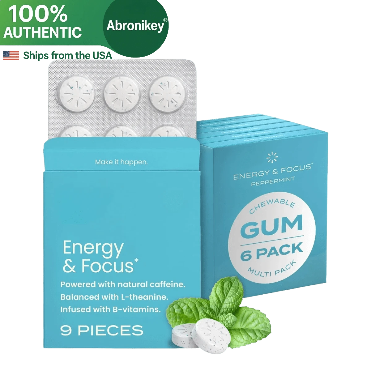 Abronikey NeuroGum Energy & Focus Caffeine Gum – Sugar Free With L-Theanine, B12 & B6 – Nootropic Supplement For Mental Clarity – Peppermint Flavor – 54 Pieces - 一包 - 查看 1