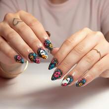 Halloween Floral & Skull Almond-Shaped Finished Press-On Nails |   Nail Art