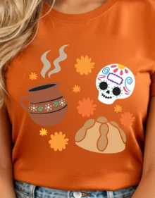 Camiseta de manga corta con estampado de Halloween con diseño de DIA DE MUERTOS con cuello redondo, playeras para mujer, blusas gráficas para mujer - Naranja - Ver 2